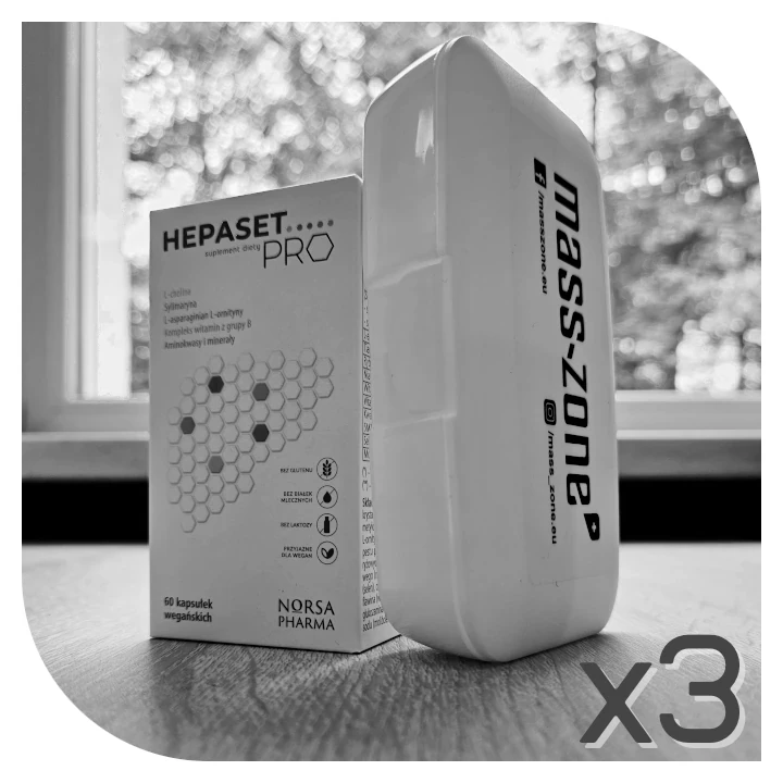 Zestaw Norsa Pharma Hepaset PRO + pill box mass-zone.eu (3 zestawy)