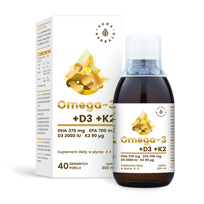 Aura Herbals Omega-3 + Witamina D3 2000IU + K2 MK-7 200 ml w płynie