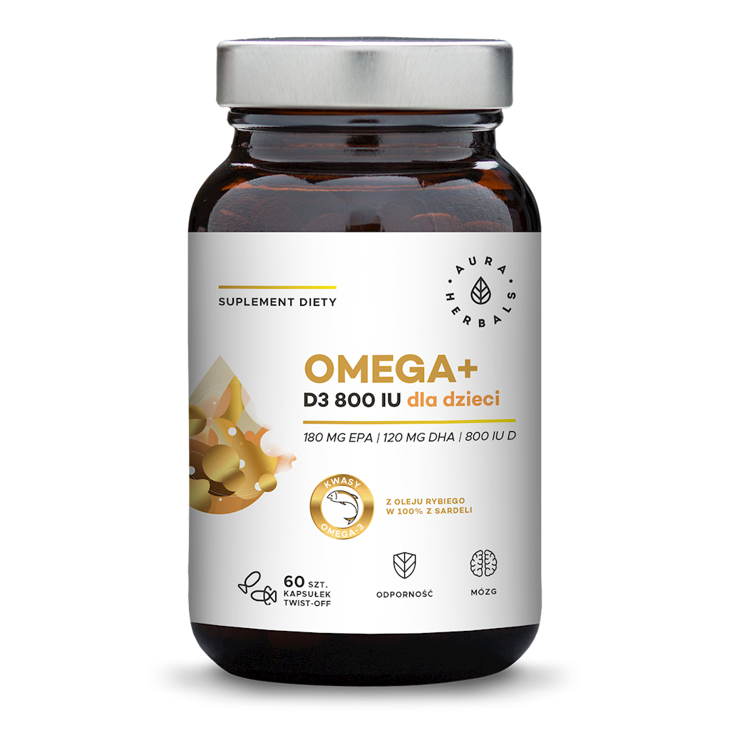 Aura Herbals Omega+ Witamina D3 800 IU dla dzieci 60 kapsułek twist-off