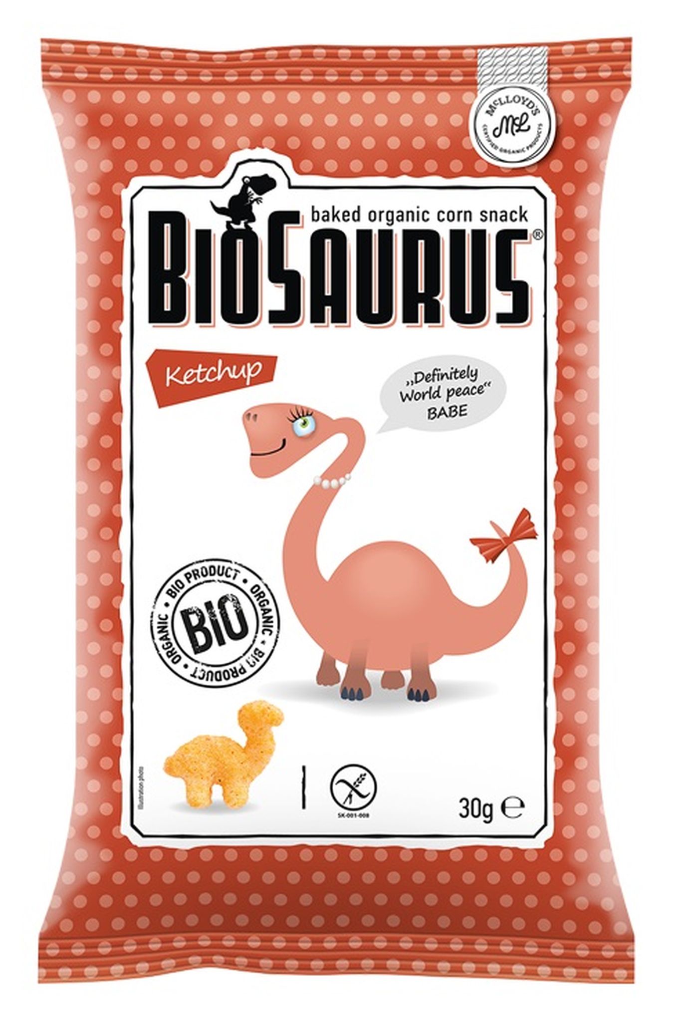 BIOSAURUS Chrupki kukurydziane Dinozaury o smaku ketchupowym BEZGL. BIO 30 g