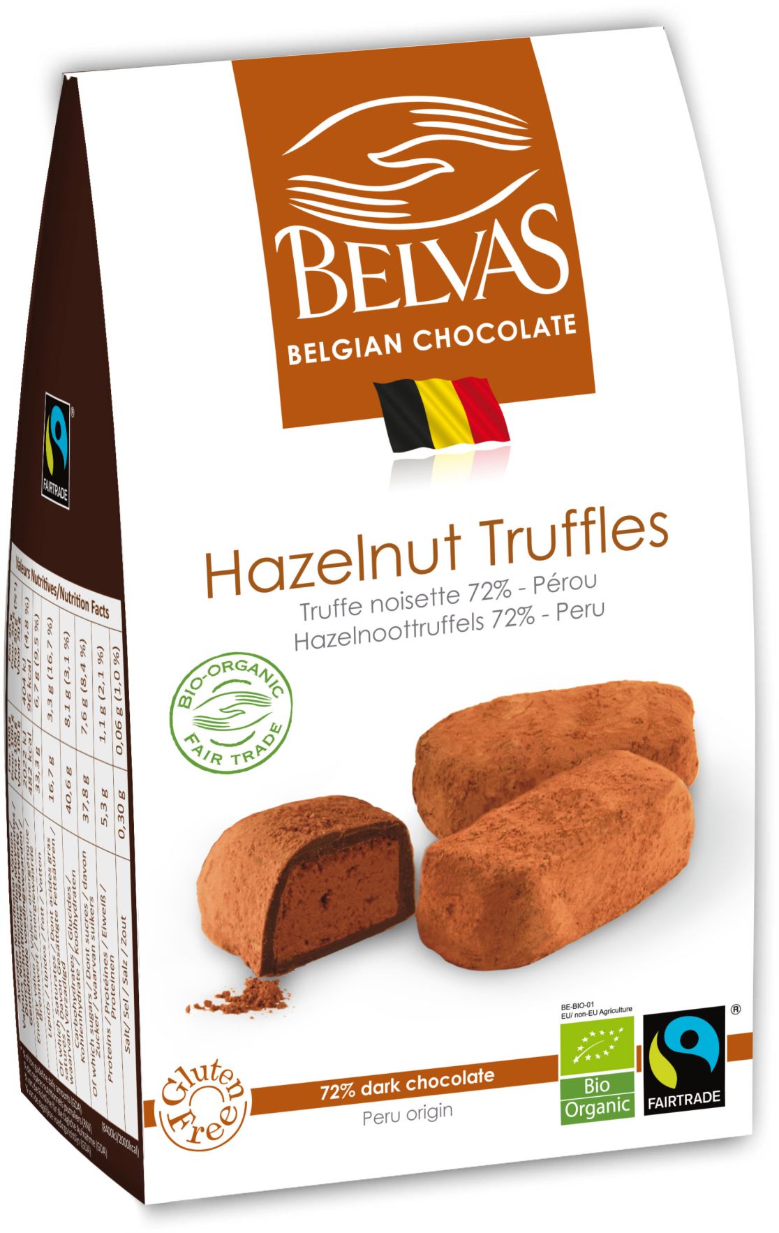 Belvas czekoladki belgijskie trufle z orzechami laskowymi fair trade bezglutenowe bio 100 g