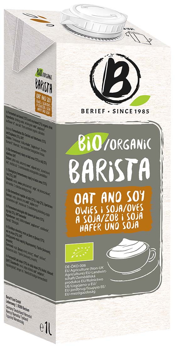 Berief napój owsiano  sojowy barista bez dodatku cukrów bio 1 l