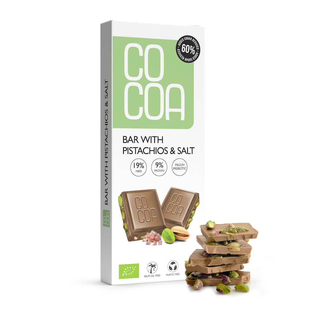 Cocoa tabliczka z pistacjami i solą 60 % mniej cukru bio 40 g
