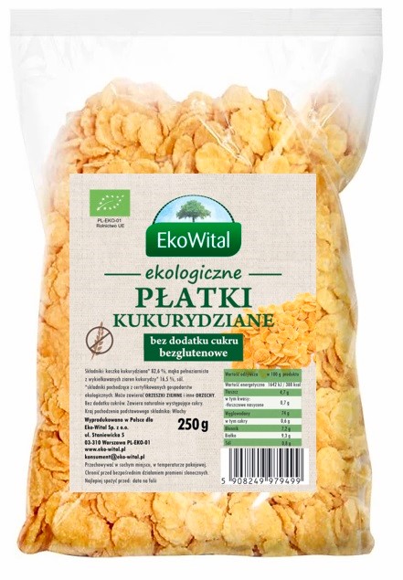 EKOWITAL Płatki kukurydziane bez dodatku cukru BEZGL. BIO 250 g