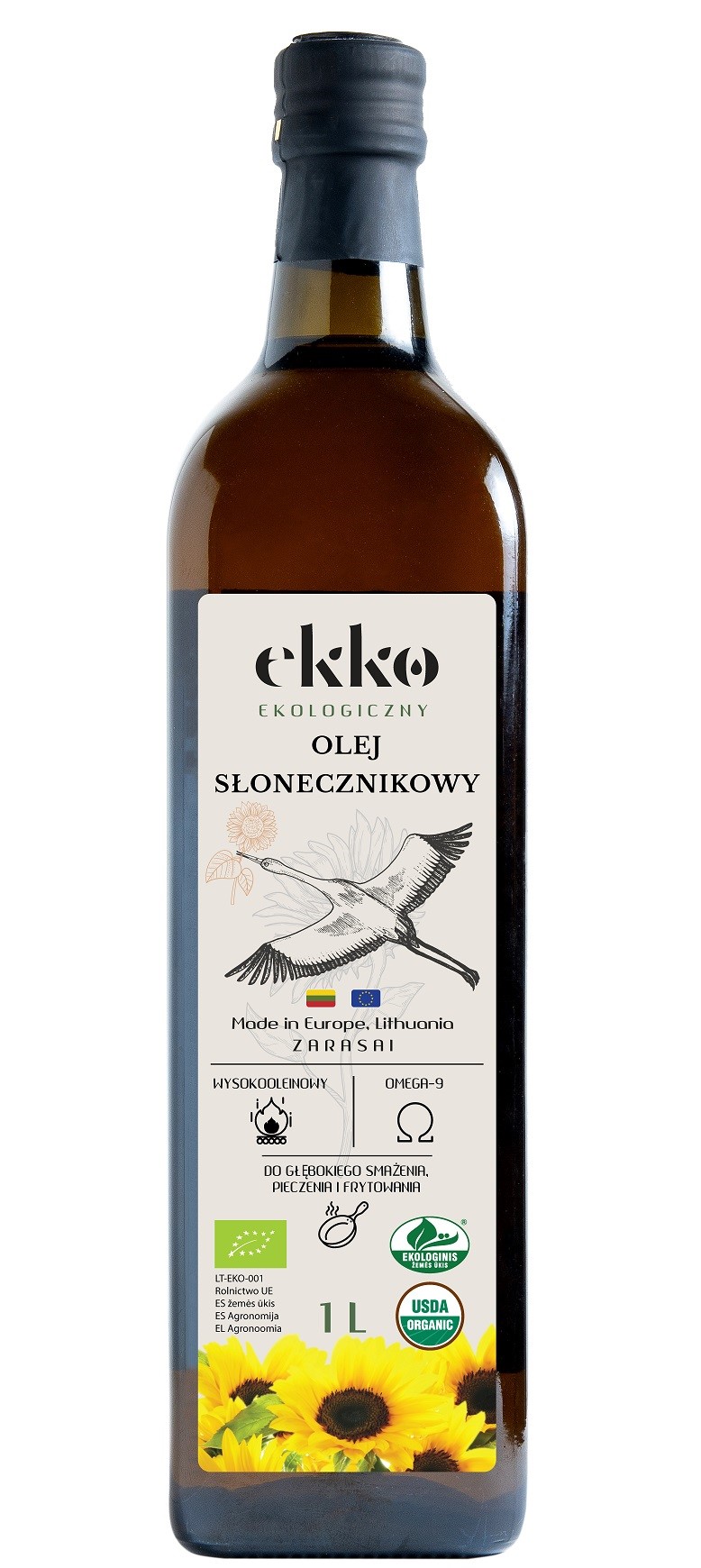 Ekko olej słonecznikowy do gotowania i smażenia tłoczony na zimno bio 1 l (szkło)
