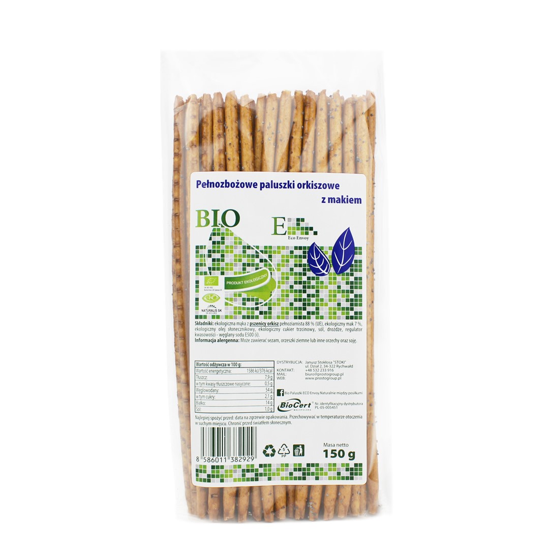 Envoy paluszki orkiszowe pełnoziarniste z makiem bio 150 g