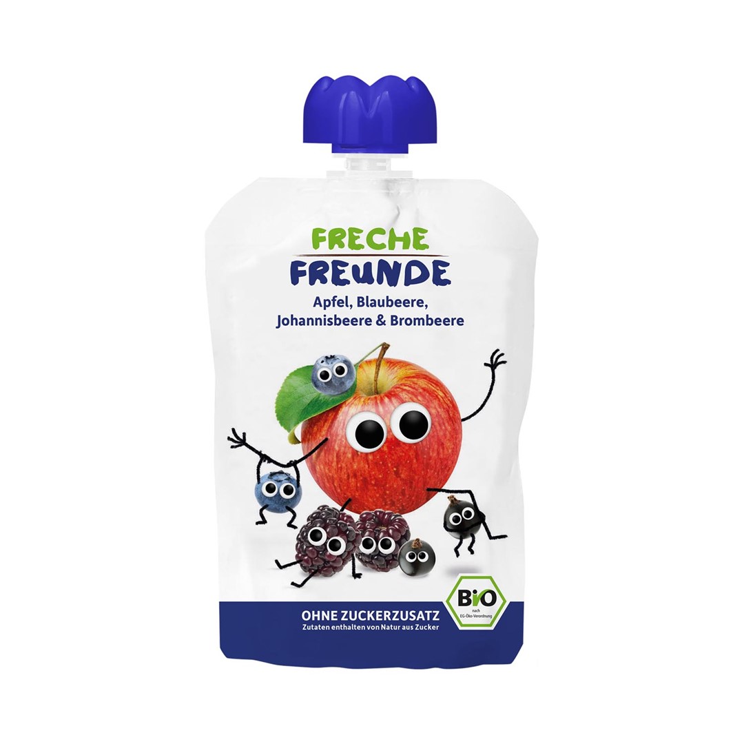 Freche freunde mus jabłko  jagoda  czarna porzeczka  jeżyna bez dodatku cukrów bezglutenowy od 6 miesiąca bio 100 g