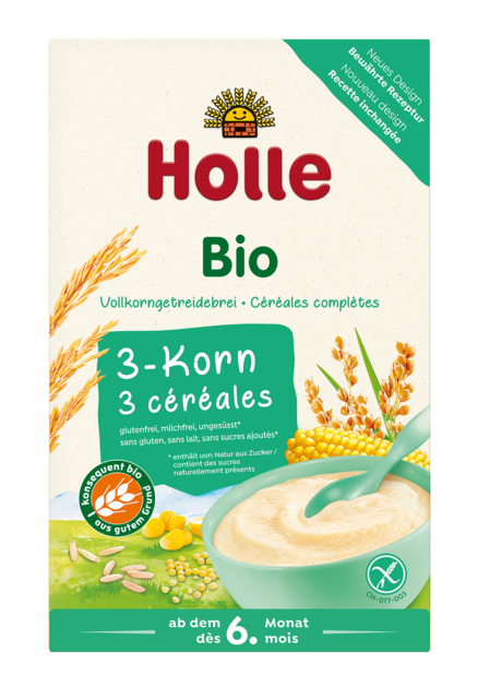 Holle kaszka pełnoziarnista 3 zboża bez dodatku cukrów bezglutenowa od 6 miesiąca bio 250 g