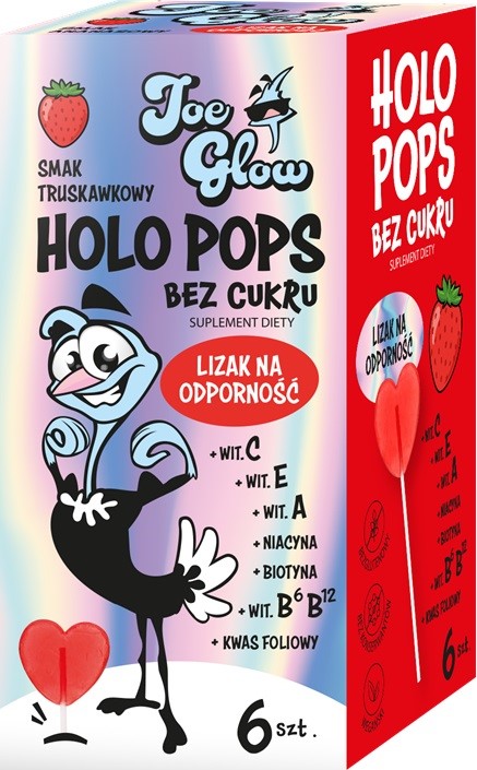 JOE GLOW HOLOPOPS Lizak na odporność truskawkowy  B/C ( 6szt) 36 g