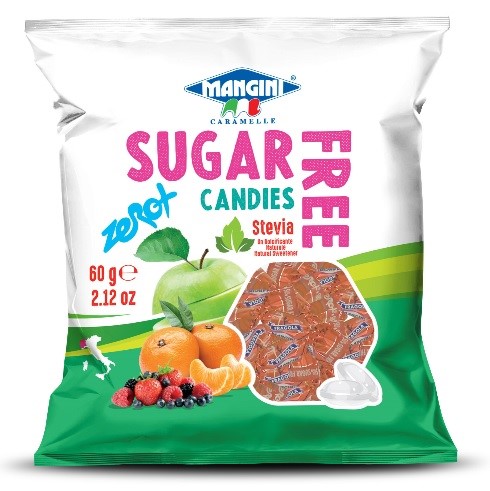 MANGINI Cukierki o smaku truskawkowym ze stewią bez cukru 60 g
