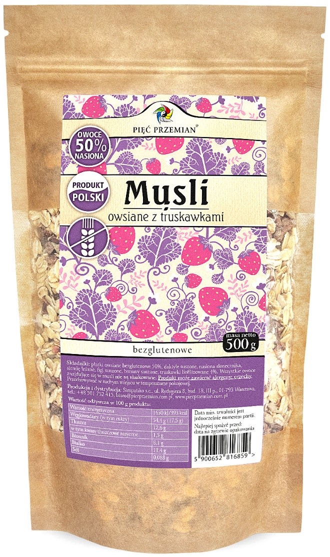 Pięć przemian musli owsiane truskawkowe bez dodatku cukrów bezglutenowe 500 g