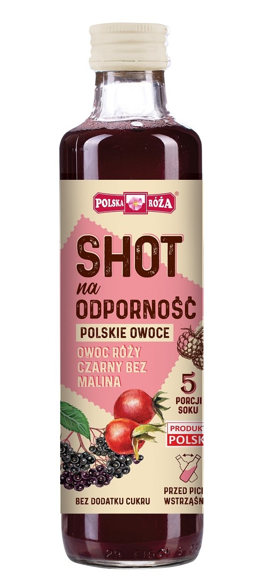 Polska róża shot na odporność owoc róży  czarny bez  malina bez dodatku cukrów 250 ml