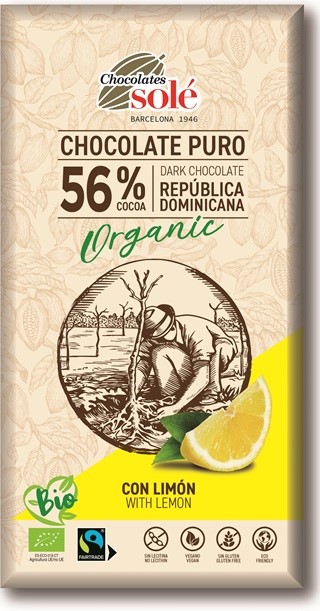 SOLE Czekolada gorzka 56% kakao z cytryną BIO 100 g