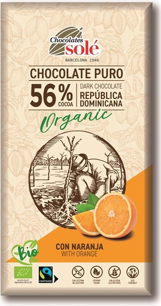 SOLE Czekolada gorzka 56% kakao z pomarańczą BIO 100 g