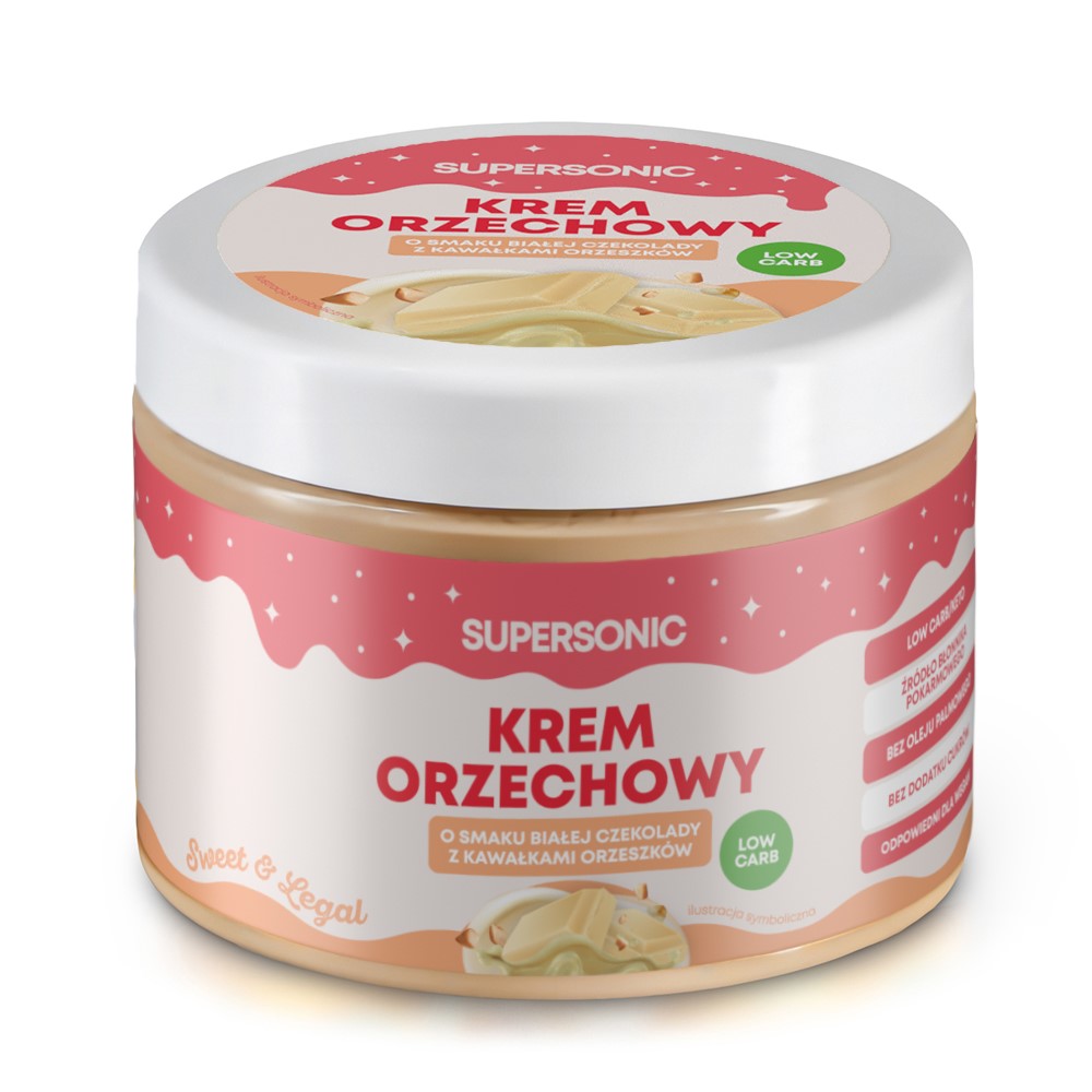 Supersonic krem orzechowy o smaku białej czekolady z chrupiącymi kawałkami orzeszków bez dodatku cukrów 250 g