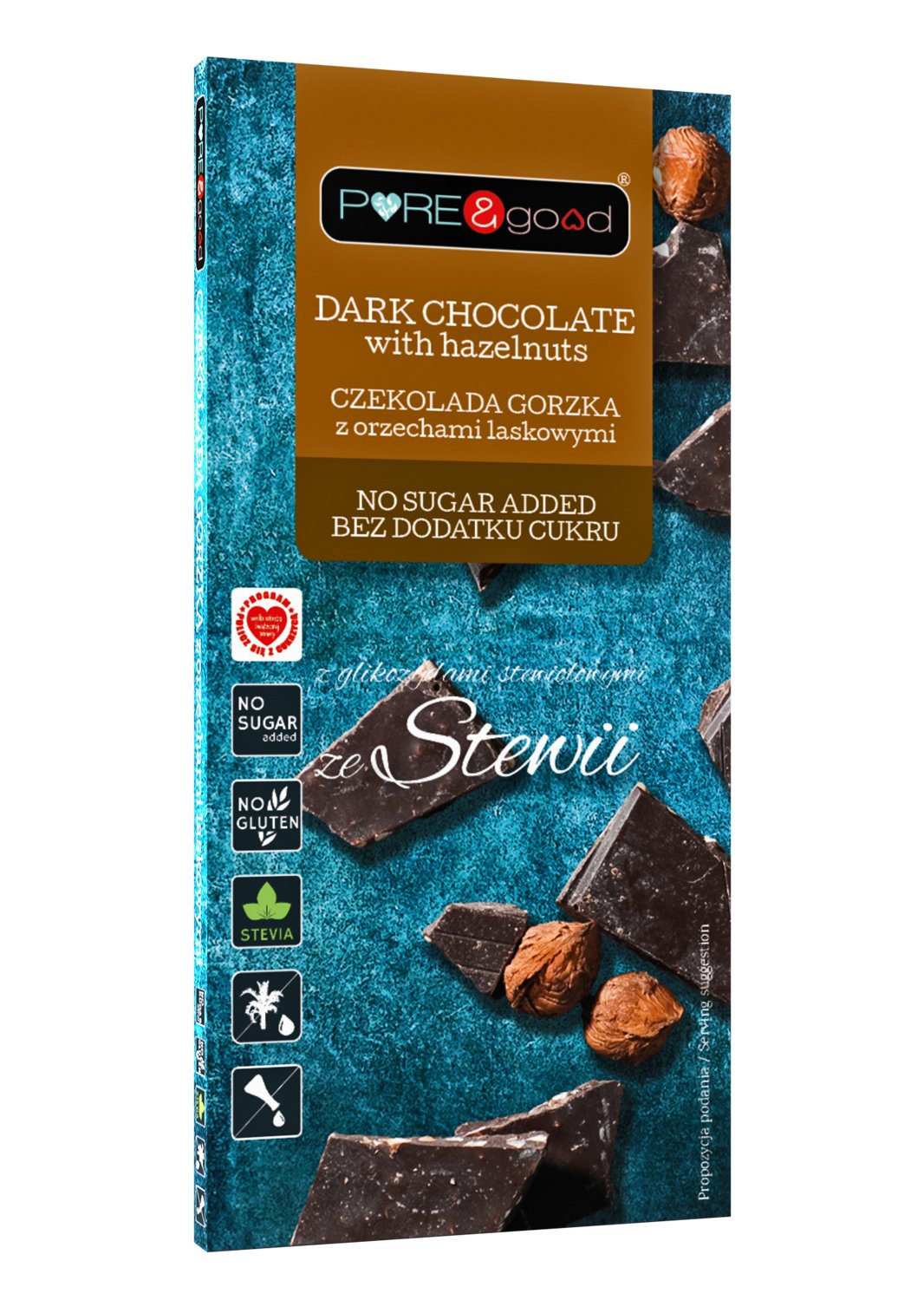 Czekolada gorzka z orzechami laskowymi ze stewią bez dodatku cukru bezglutenowa 125 g - pure and good