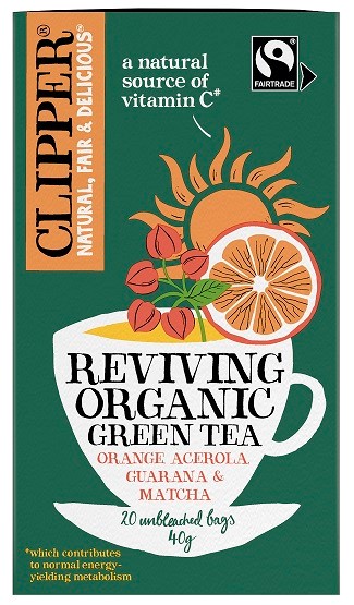 Herbata zielona z acerolą, guaraną i matchą ""ożywienie"" fair trade bio (20 x 2 g) 40 g - clipper