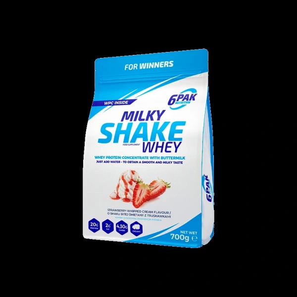 6PAK Milky Shake Whey 700g białko WPC o smaku bitej śmietany z truskawkami