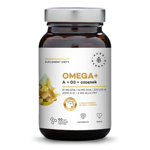 Aura Herbals Omega-3 + Witamina A + Witamina D3 2000 IU + Czosnek 60 kapsułek