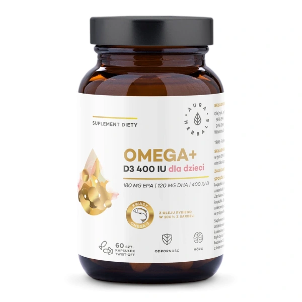 AURA HERBALS Omega+ Witamina D3 400 IU dla dzieci, kapsułki twist-off 60 szt.