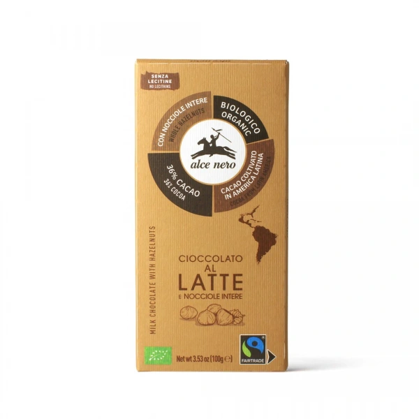 Alce nero czekolada mleczna z całymi orzechami laskowymi fair trade bio 100 g