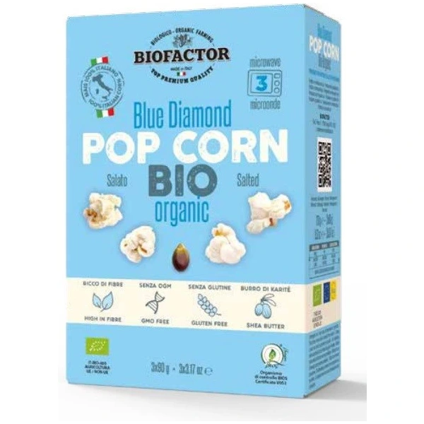 BIOFACTOR Popcorn niebieski z solą do mikrofalówki BEZGL. BIO 3 x 90 g