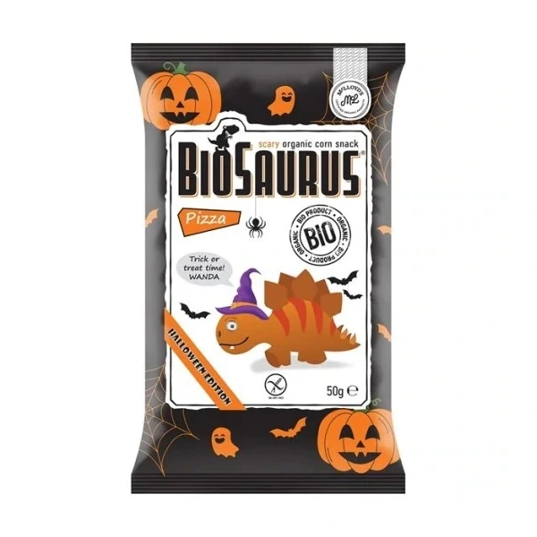 BIOSAURUS Chrupki kukurydziane Dinozaury HALLOWEEN o smaku pizzy BIO 50 g