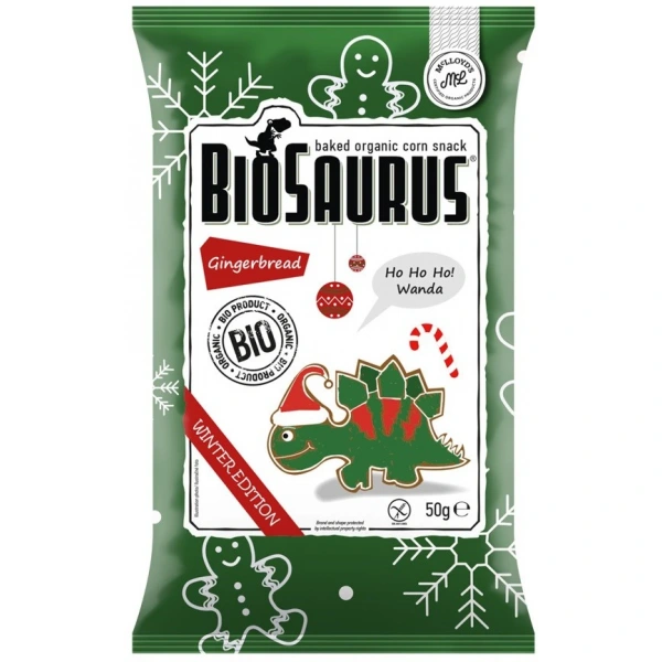 BIOSAURUS Chrupki kukurydziane Dinozaury ZIMOWE o smaku piernikowym BEZGL. BIO 50 g