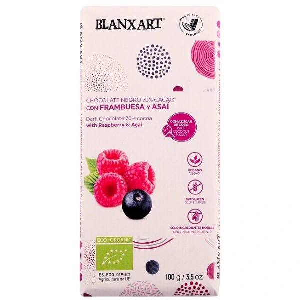 BLANXART Czekolada gorzka 70% z malinami i acai BEZGL. BIO 100 g