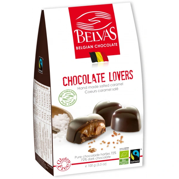 Belvas czekoladki belgijskie serca z karmelem i solą morską fair trade bezglutenowe bio 100 g