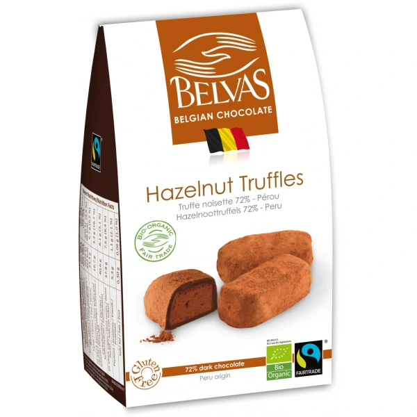 Belvas czekoladki belgijskie trufle z orzechami laskowymi fair trade bezglutenowe bio 100 g