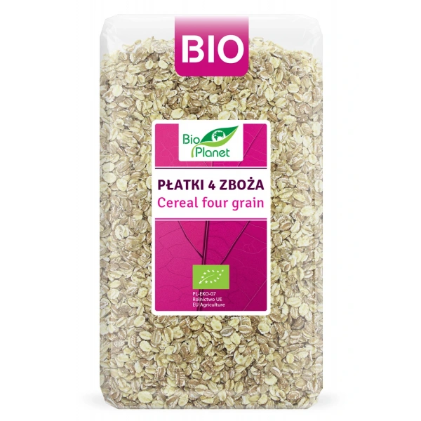 Bio planet płatki 4 zboża (orkisz, owies, jęczmień, żyto) bio 600 g