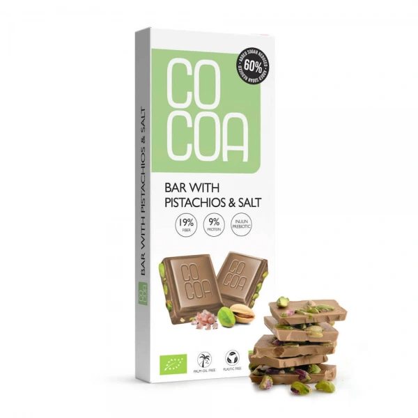 Cocoa tabliczka z pistacjami i solą 60 % mniej cukru bio 40 g