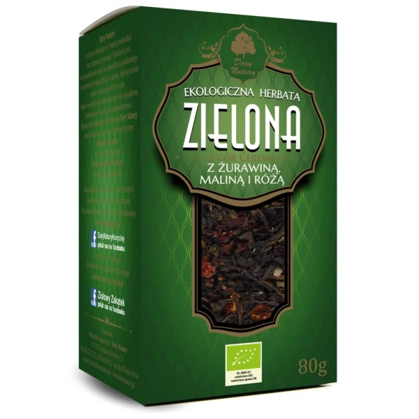 Dary natury herbata zielona z żurawiną, maliną i różą liściasta bio 80 g