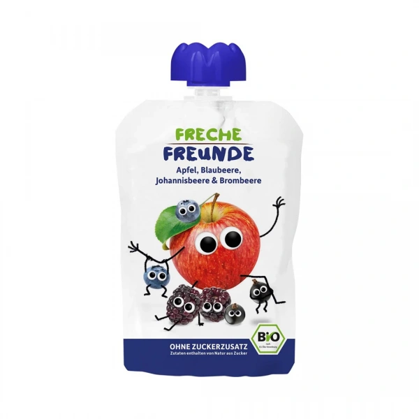 Freche freunde mus jabłko  jagoda  czarna porzeczka  jeżyna bez dodatku cukrów bezglutenowy od 6 miesiąca bio 100 g