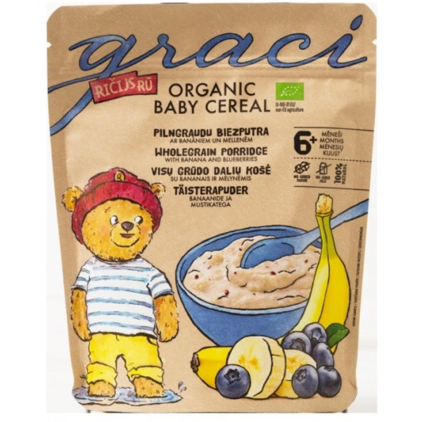 GRACI Kaszka pełnoziarnista z bananem i jagodami od 6 mies. BIO 140 g