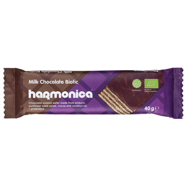 Harmonica wafelek z samopszy z kremem mleczno  kakaowym w polewie z mlecznej czekolady z probiotykami bio 40 g