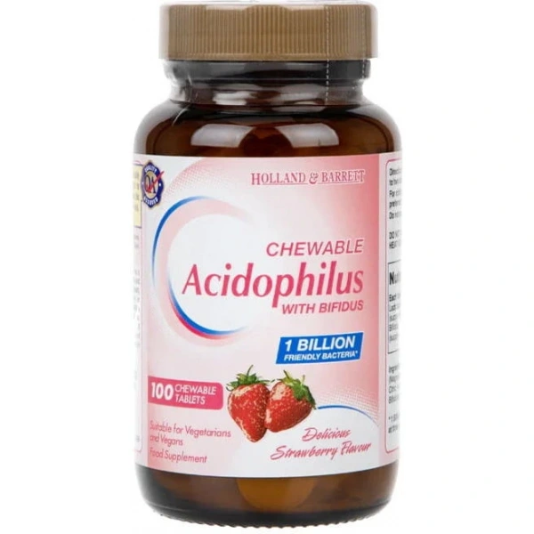 Holland & Barrett Acidophilus z Bifidus o smaku truskawkowym (100 tabl.)