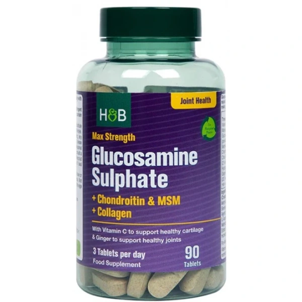 HOLLAND & BARRETT Max Strength Glucosamine Sulphate + Chondroitin & MSM + Collagen (90 tabl.)