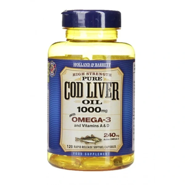 Holland & Barrett Cod Liver Oil 1000mg 120 kapsułek miękkich olej z wątroby dorsza