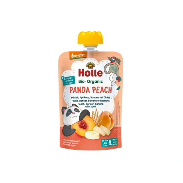 Holle mus brzoskwiniowa panda (brzoskwinia  banan  morela  orkisz) bez dodatku cukrów od 8 miesiąca demeter bio 100 g