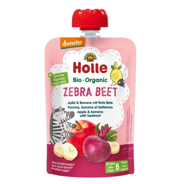 Holle mus buraczana zebra (jabłko  banan  burak) bez dodatku cukrów od 6 miesiąca demeter bio 100 g