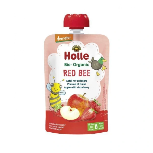 Holle mus czerwona pszczoła (jabłko  truskawka) bez dodatku cukrów od 8 miesiąca demeter bio 100 g