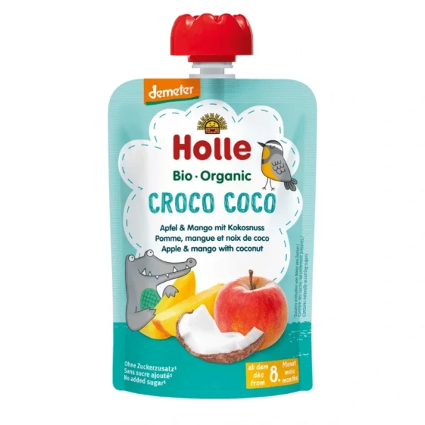 Holle mus kokosowy krokodyl (jabłko  mango  kokos) bez dodatku cukrów od 8 miesiąca demeter bio 100 g