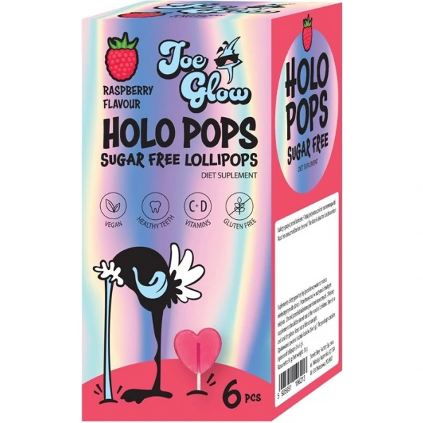 JOE GLOW HOLOPOPS lizak bez cukru o smaku malinowym z wit C i D (6szt) 36g