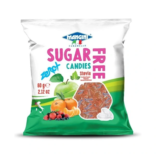 MANGINI Cukierki o smaku truskawkowym ze stewią bez cukru 60 g