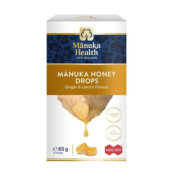 MANUKA HEALTH Cukierki z Miodem Manuka MGO™ 400+ i witaminą C - smak imbirowo-cytrynowy (65 g)