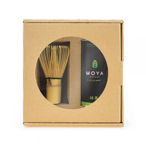 Moya matcha zestaw herbata zielona matcha codzienna japońska bio 30 g & miotełka bambusowa chasen