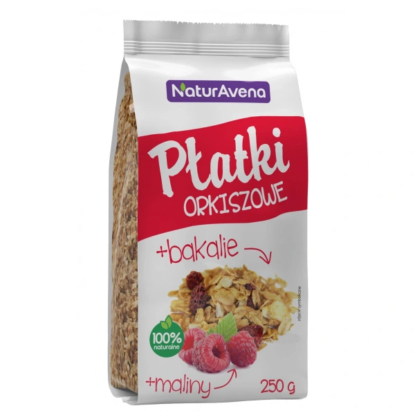 Naturavena płatki orkiszowe z owocami tropikalnymi, słonecznikiem i malinami 200 g