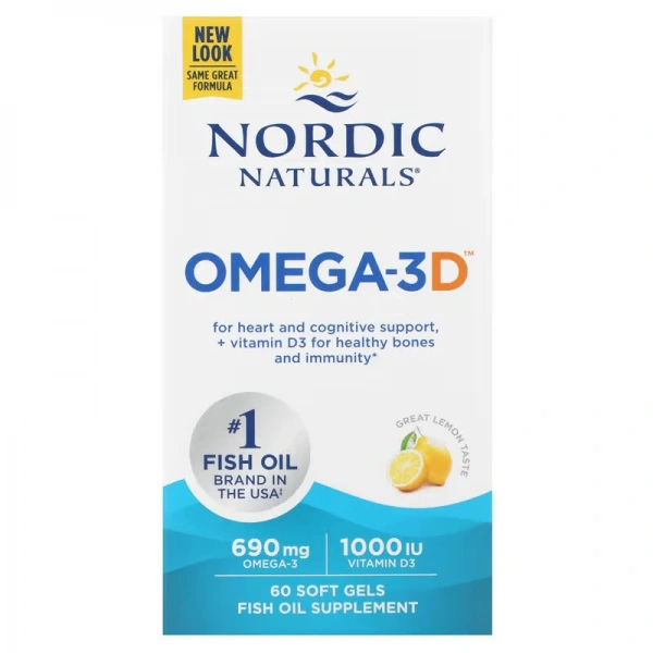 Nordic Naturals Omega-3D 690mg Omega 3 + witamina D3 1000IU 60 kapsułek miękkich o smaku cytrynowym